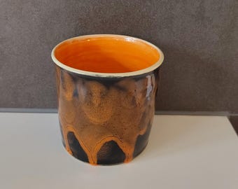 Mug/Cup without handle, ceramic, handmade, approx. 360 ml, orange-black