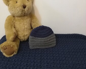 Baby blanket hat set crochet, Navy blue and gray newborn afghan, Gift for new baby boy, Winter hat for baby, Nursery decor blue