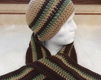 Men's brown winter hat scarf set, Crochet scarves for men, Christmas gifts for him, Men's cold weather accessories, Brown winter beanie