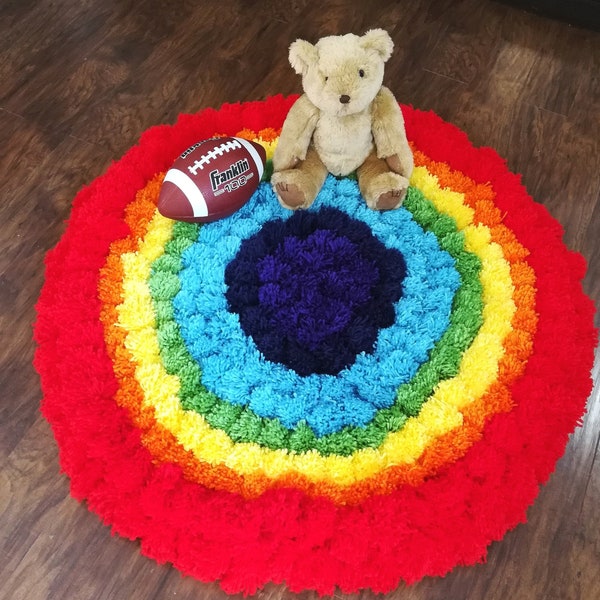 Rainbow pom pom rug for nursery decor, 48 inch custom made wool playroom rug, Starburst home accents, Hippie home decor   H 26