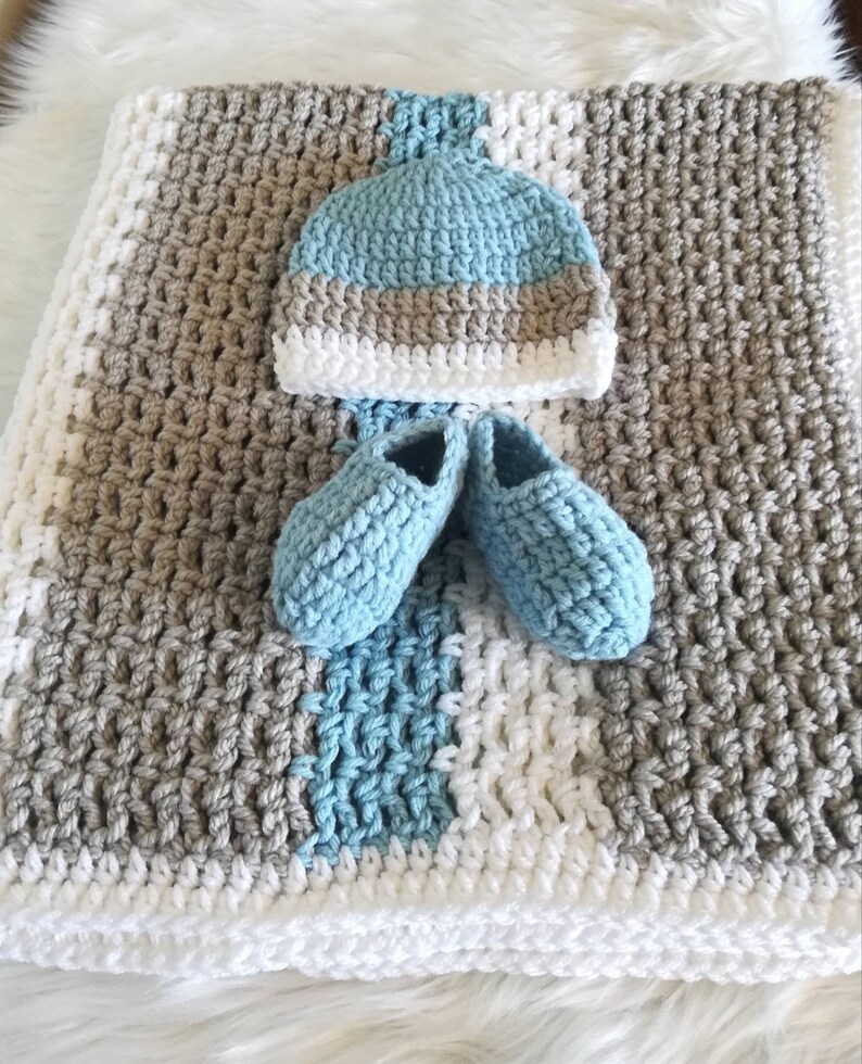Crochet newborn afghan Blue gray baby blanket hat set Deluxe newborn boy gift Handmade baby booties A20 Infant hat slipper set