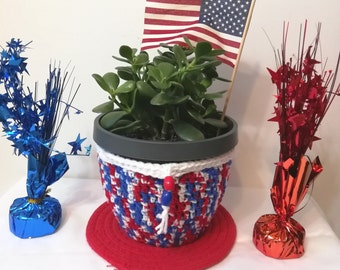 Flower pot cover red white blue, Crochet plant basket 6 inch, Patriotic decorations, 4th of July table decor, Soft sided plant pot cover