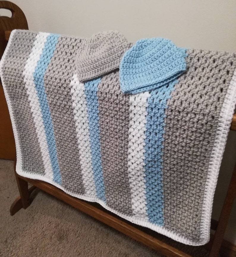 Crochet newborn afghan Blue gray baby blanket hat set Deluxe newborn boy gift Handmade baby booties A20 Infant hat slipper set