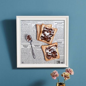 Art de pain grillé au chocolat Photo de journal Décoration murale texturée Oeuvre d'art pour le petit-déjeuner Peinture alimentaire Art mural 3D Pain à la crème Nutella Nature morte au dessert