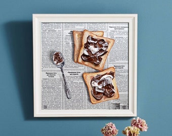 Chocolate toast art Newspaper picture Textured wall decor Breakfast artwork Food painting 3D wall art Nutella cream bread Still life dessert