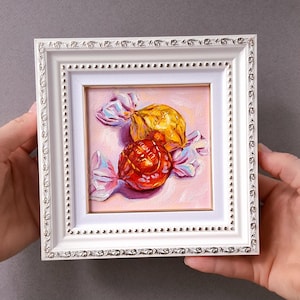 Chocolate Candies Oil Painting: Small Framed Food Art (4x4 in)
