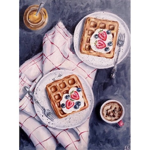 Original Oil Painting: Belgian Waffles & Strawberries - Textured Food Art