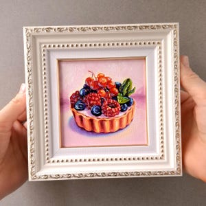 Dipinto di crostata di frutta Piccola opera d'arte incorniciata Dipinto a olio originale Cibo su tela Natura morta di frutta Opera d'arte di dessert Arte murale di crostata Dolce pop art