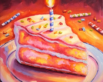 Birthday cake painting Small framed art Original oil picture Food on canvas Piece of cake art Still life dessert Cake with candle wall decor