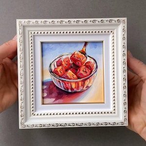 Watermelon painting Small framed art Original oil picture Food on canvas Still life fruits Pieces of watermelon Red fruit wall art