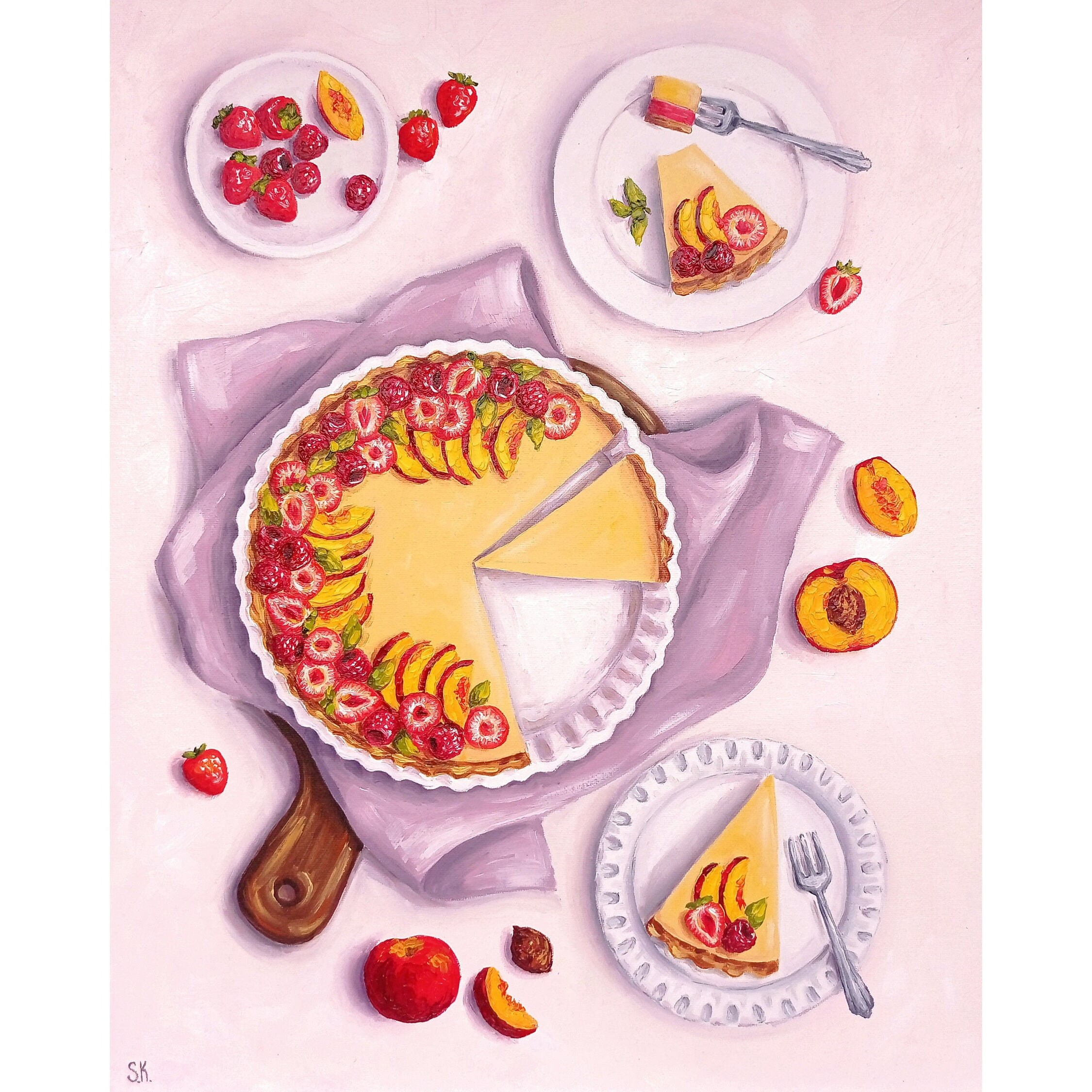 Peach tart painting Original oil picture Strawberry pie art Berries dessert Food on canvas Still life fruits Kitchen wall decor