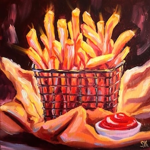 French fries painting Original oil picture Fried potatoes art Fries and sauce artwork Still life food Kitchen wall decor Fries on canvas