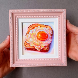 Fried egg painting Small framed art Original oil picture Egg toast art Breakfast artwork Still life food Scrambled egg Kitchen wall decor