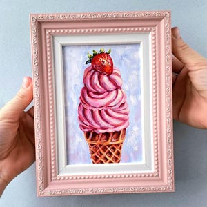 Framed Ice Cream Cone Oil Painting: Small Still Life Art