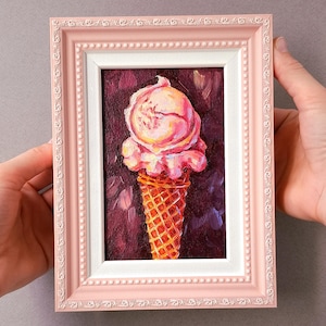 Framed Ice Cream Cone Oil Painting: Small Still Life Art