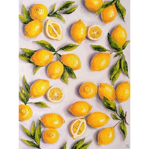 Citrons, peinture à l'huile, art mural agrumes, nature morte, fruits, oeuvre d'art de cuisine, nourriture sur toile, art mural texturé, décoration de fruits jaunes