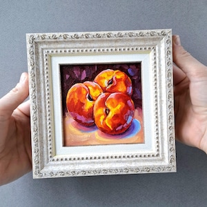 Peinture de pêches Petit tableau encadré Photo à l'huile originale Nourriture sur toile Fruits nature morte Pêches mûres Oeuvre de cuisine Art mural pêches rouges