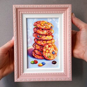 Pintura de galletas Arte pequeño enmarcado Cuadro al óleo original Arte de galletas de avena Galletas con chispas de chocolate Comida sobre lienzo Postre de bodegón