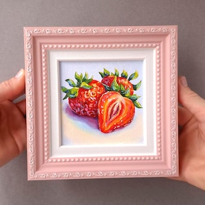 Strawberry painting Small framed art Original oil picture Food on canvas Still life fruits Red berries artwork Strawberries wall art