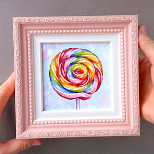 Framed Candy Oil Painting: Colorful Lollipop Still Life, 4x4&quot; Original Art