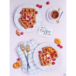 Original Oil Painting: Belgian Waffles & Peaches Still Life - Kitchen Decor