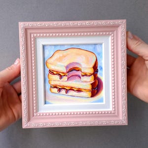 Cuadro de sándwich Arte pequeño enmarcado Cuadro al óleo original Arte de tostadas con mantequilla de maní y mermelada Arte del desayuno Comida de bodegón Arte de pared de cocina