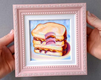 Sandwich painting Small framed art Original oil picture Peanut butter and jam toast art Breakfast artwork Still life food Kitchen wall art
