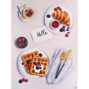 Peinture en croissant Art de gaufres belges Photo à l'huile originale Oeuvre d'art pour le petit déjeuner Nourriture sur toile Nature morte aux fruits Décoration murale pour la cuisine Art texturé