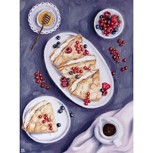 Peinture de crêpes Photo à l'huile originale Oeuvre d'art du petit déjeuner Nourriture sur toile Nature morte fruits Baies dessert crème Décoration murale de cuisine Art empâtement