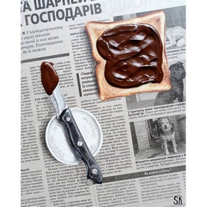 Arte de tostadas con Nutella Cuadro acrílico Arte con empasto Pintura de alimentos Arte de periódico Decoración de pared con textura Pan con Nutella Pintura de alimentos en 3D