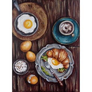 Arte de croissant con huevos Cuadro al óleo original Pintura de desayuno Arte de huevos revueltos Bodegón con croissant Sándwich sobre lienzo Arte de croissant francés