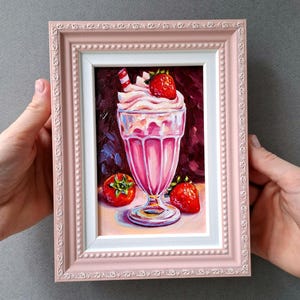 Peinture de milk-shake petit cadre, photo à l'huile originale, art de la boisson rose, oeuvre de yaourt aux fraises, nature morte de fruits, décoration murale de cuisine