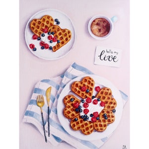 Original Waffle Oil Painting: Heart Waffles, Still Life Kitchen Art