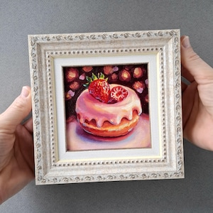 Dipinto di ciambella Piccola opera d'arte incorniciata Quadro a olio originale Natura morta Cibo Opera d'arte per la colazione Ciambella glassata su tela Decorazione murale di ciambelle