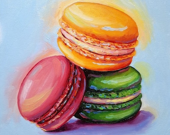 Macaroon painting Original oil picture Food on canvas French dessert art Colorful macarons Kitchen artwork Sweets wall decor
