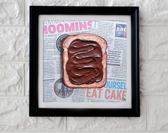 Nutella toast art Newspaper painting Impasto artwork Food painting Small painting Bread with Nutella 3D food art Breakfast artwork