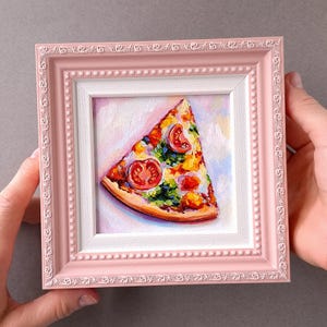 Framed Pizza Slice Oil Painting: Original Food Still Life Art