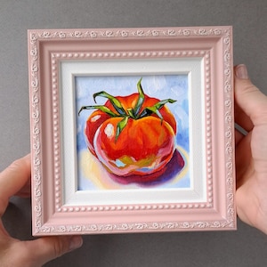 Peinture sur tomate Petit cadre encadré Photo à l'huile originale Nourriture sur toile Nature morte légume Oeuvre d'art tomate rouge Petite décoration murale