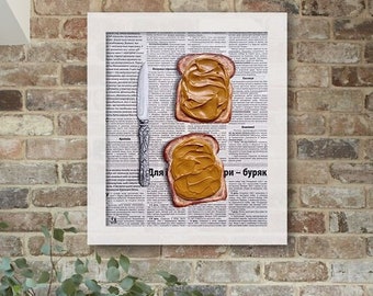 Peanut butter toast Acrylic picture Newspaper art Textured wall decor Food painting Breakfast artwork Still life sandwich 3D wall art