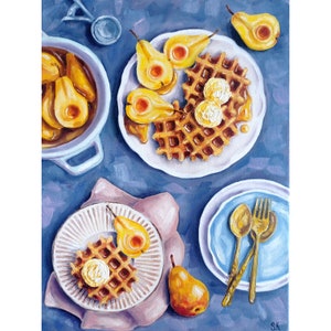 Original Oil Painting: Waffles, Pears & Fruit Still Life - 11.8x15.7 in