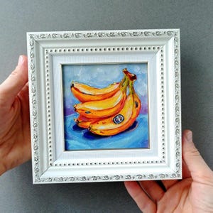 Pintura de banana Pequena arte emoldurada Arte de cacho de banana Imagem original a óleo Comida sobre tela Natureza morta Frutas Decoração de parede de cozinha