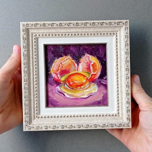 Pintura de huevo Arte pequeño enmarcado Imagen al óleo original Obra de arte de cáscara de huevo Naturaleza muerta con huevo Comida sobre lienzo Arte de huevo de cáscara rota Decoración de pared de cocina