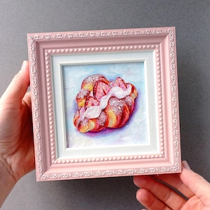 Cuadro de croissant Arte pequeño enmarcado Cuadro al óleo original Naturaleza muerta Comida Obra de arte de desayuno Postre francés sobre lienzo Decoración de pared de croissant
