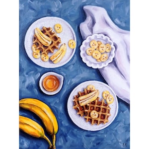 Waffles & Bananas Oil Painting: Original Breakfast Kitchen Wall Art (11.8x15.7 inches)