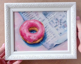 Donut painting Framed art Original oil picture Breakfast artwork Donut on newspaper Still life food Glazed donut on canvas Donut wall decor