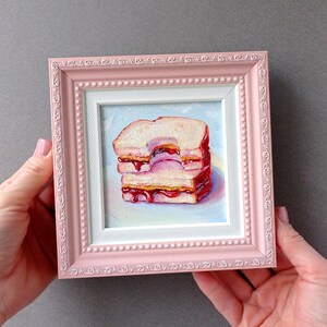 Cuadro de sándwich Arte pequeño enmarcado Cuadro al óleo original Arte de tostadas con mantequilla de maní y mermelada Arte del desayuno Comida de bodegón Arte de pared de cocina