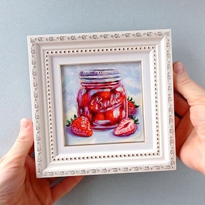 Dipinto di marmellata di fragole Piccola opera d'arte con cornice Quadro a olio originale Natura morta con cibo Barattolo di vetro con marmellata Opera d'arte Pop art su tela Decorazione da parete di dolciumi