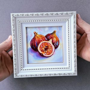 Peinture de figues Petit tableau encadré Photo à l'huile originale Nourriture sur toile Nature morte fruits Petite peinture de figues violettes