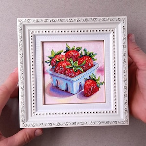 Dipinto di fragole Piccola opera d'arte incorniciata Dipinto a olio originale Cibo su tela Natura morta di frutta Bacche rosse Opera d'arte Fragole Arte murale