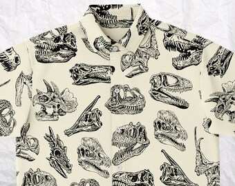 Dinosaur Skull Button Up Shirt-Dinosaur Button Down Shirt-Paleontologist Shirt